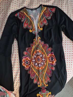 VENUS Black Dress with Colorful Paisley Medallion